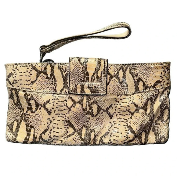 Solina natural Python tan/brown genuine leather clutch/wristlet with medallion - Picture 3 of 7